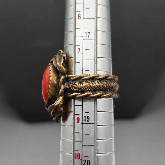 VTG Southwestern Brass & Red Coral Ring Size 8 Leaf Motif Etched Rope Band - Picture 8 of 12